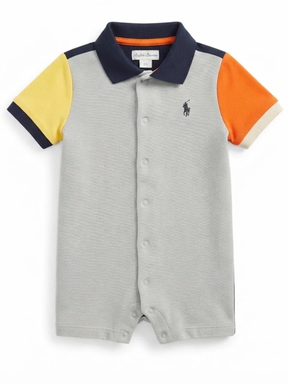 Ralph Lauren Gray Polo Romper with Yellow & Orange Sleeves